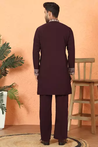 japanese fabric yoke design embroidered maroon kurta with trouser pant