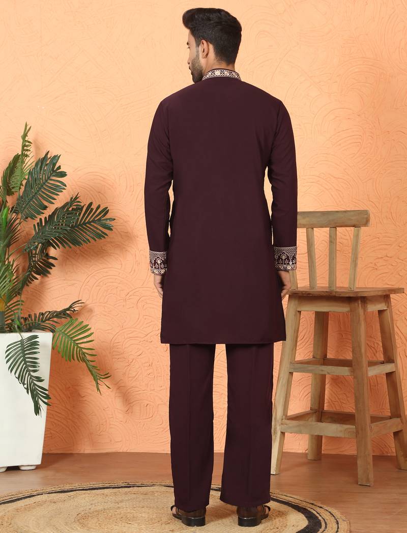 japanese fabric yoke design embroidered maroon kurta with trouser pant