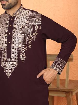 japanese fabric yoke design embroidered maroon kurta with trouser pant 5