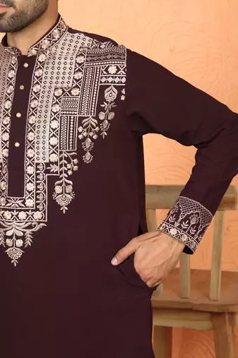 japanese fabric yoke design embroidered maroon kurta with trouser pant