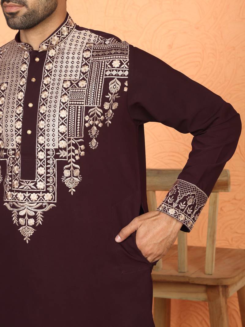 japanese fabric yoke design embroidered maroon kurta with trouser pant