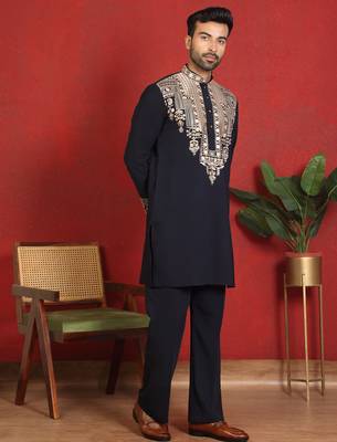 japanese fabric yoke design embroidered blue kurta with trouser pant 1
