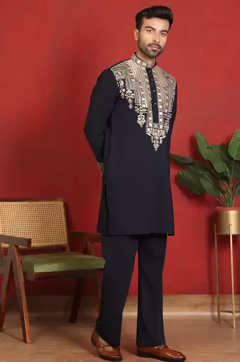 japanese fabric yoke design embroidered blue kurta with trouser pant