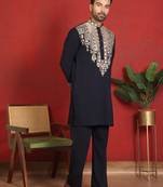 japanese fabric yoke design embroidered blue kurta with trouser pant