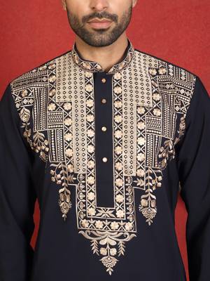 japanese fabric yoke design embroidered blue kurta with trouser pant 2