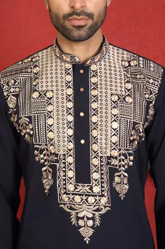 japanese fabric yoke design embroidered blue kurta with trouser pant