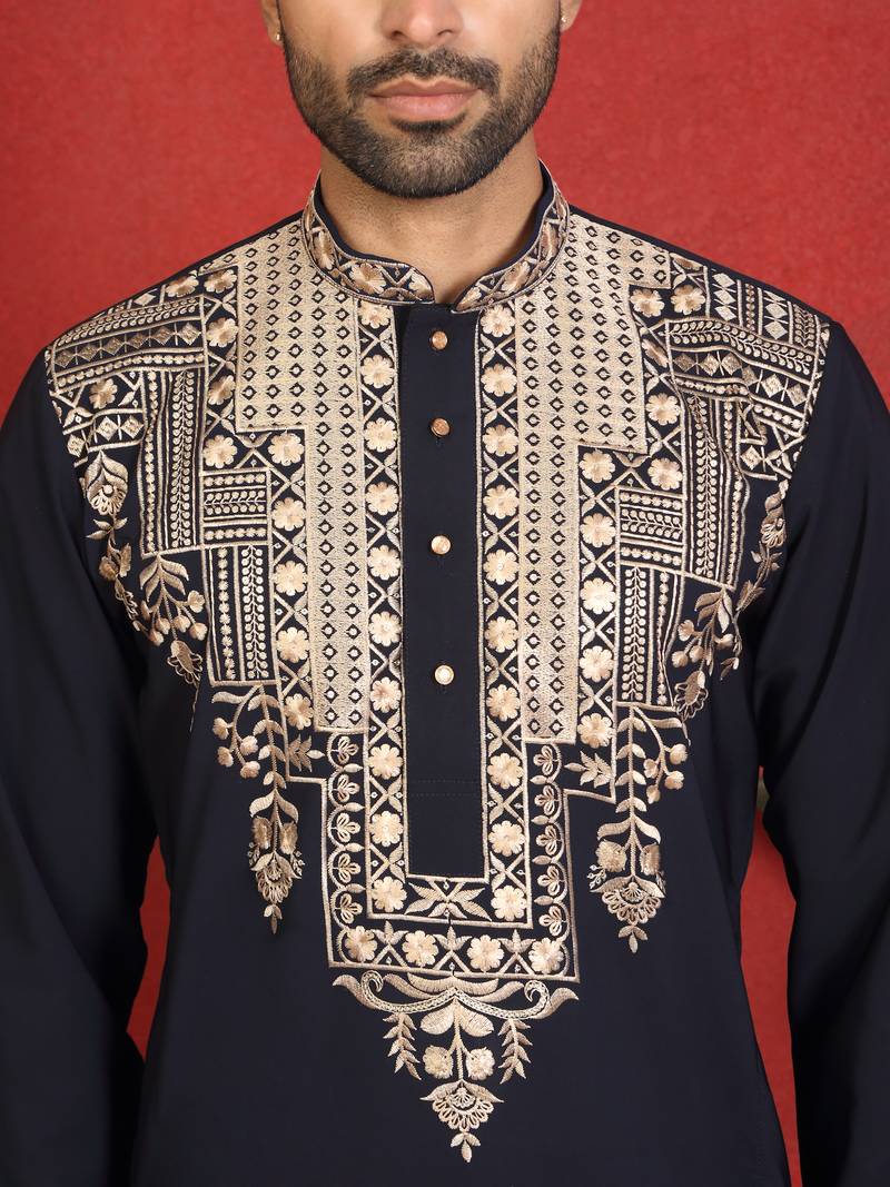 japanese fabric yoke design embroidered blue kurta with trouser pant