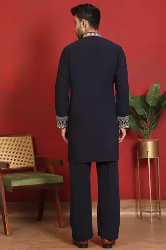 japanese fabric yoke design embroidered blue kurta with trouser pant