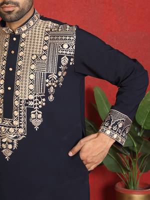japanese fabric yoke design embroidered blue kurta with trouser pant 5