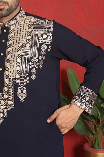 japanese fabric yoke design embroidered blue kurta with trouser pant