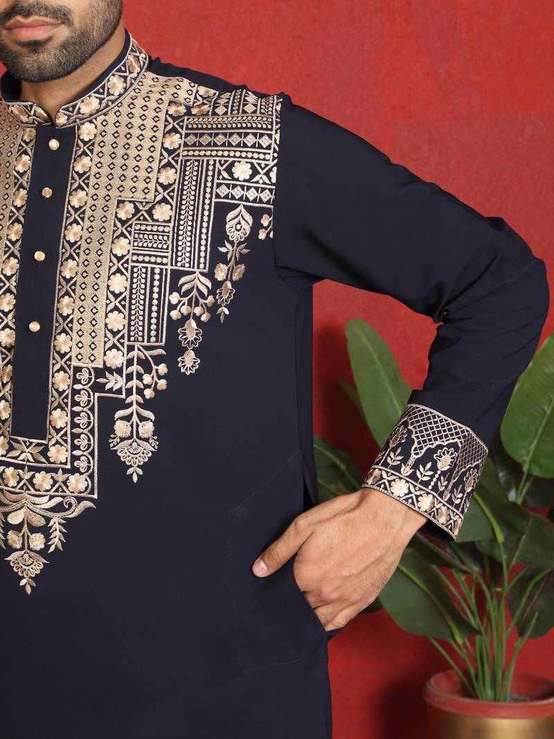japanese fabric yoke design embroidered blue kurta with trouser pant