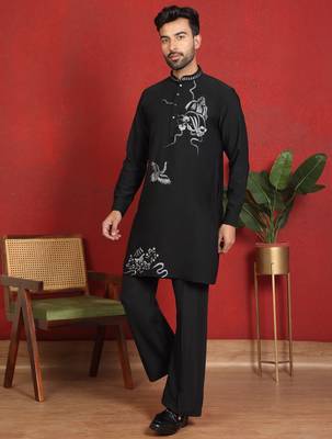japanese fabric embroidered work black kurta with bell bottom pant 1