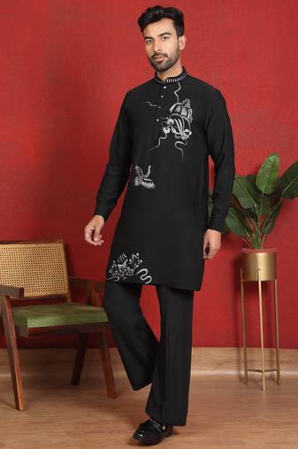japanese fabric embroidered work black kurta with bell bottom pant