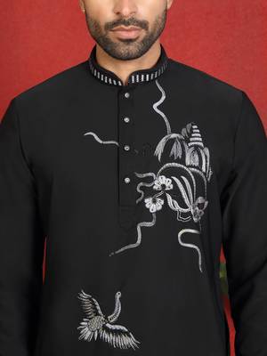 japanese fabric embroidered work black kurta with bell bottom pant 2