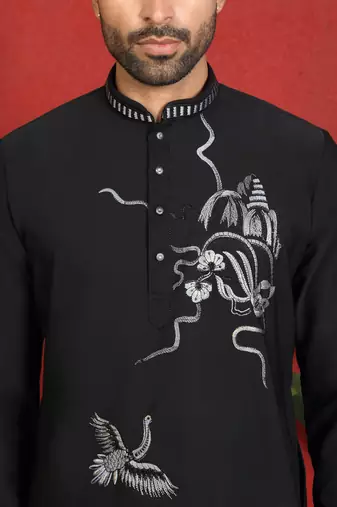 japanese fabric embroidered work black kurta with bell bottom pant