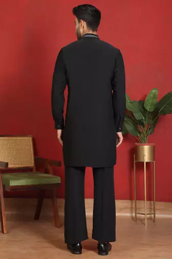 japanese fabric embroidered work black kurta with bell bottom pant