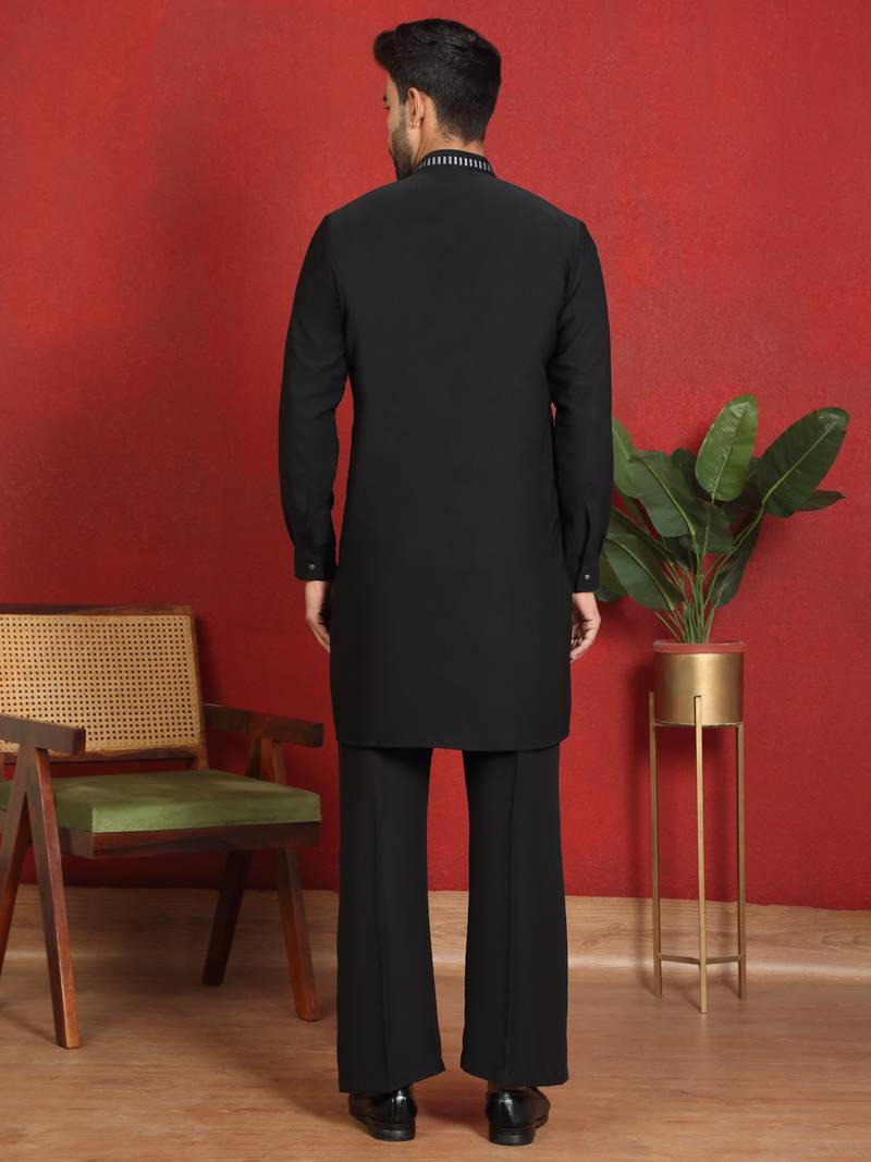 japanese fabric embroidered work black kurta with bell bottom pant