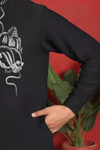 japanese fabric embroidered work black kurta with bell bottom pant