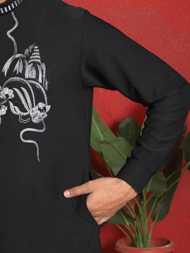 japanese fabric embroidered work black kurta with bell bottom pant