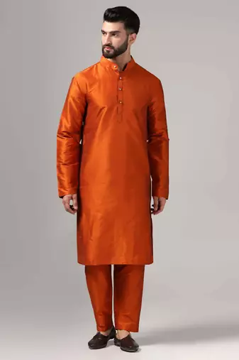 Classic rust color kurta and pants set in silk fabric