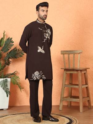 japanese fabric embroidered work wine kurta with bell bottom pant 1