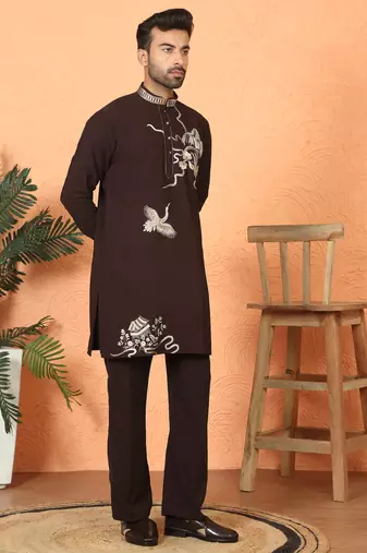 japanese fabric embroidered work wine kurta with bell bottom pant