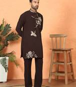 japanese fabric embroidered work wine kurta with bell bottom pant