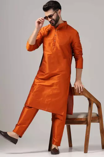 Classic rust color kurta and pants set in silk fabric