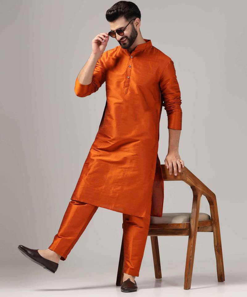 Classic rust color kurta and pants set in silk fabric