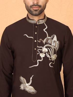 japanese fabric embroidered work wine kurta with bell bottom pant 2
