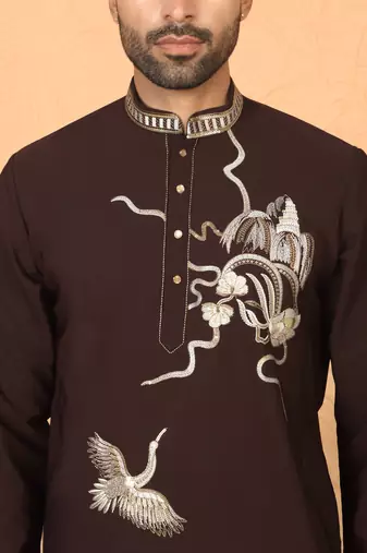 japanese fabric embroidered work wine kurta with bell bottom pant