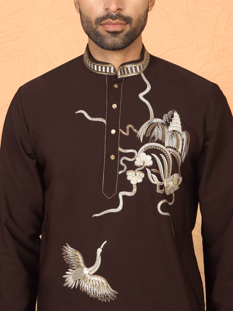 japanese fabric embroidered work wine kurta with bell bottom pant