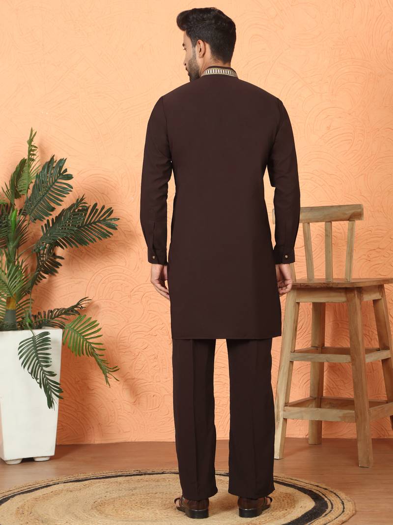 japanese fabric embroidered work wine kurta with bell bottom pant