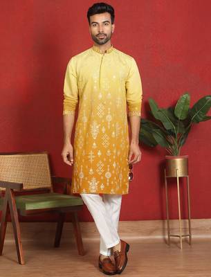 Cotton silk embroidered thread work yellow kurta with trouser 1