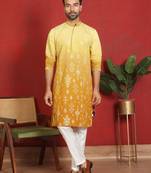 Cotton silk embroidered thread work yellow kurta with trouser