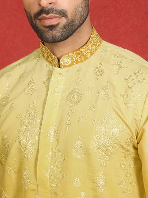 Cotton silk embroidered thread work yellow kurta with trouser 2