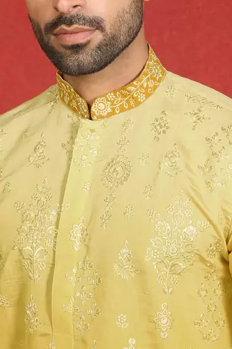 Cotton silk embroidered thread work yellow kurta with trouser