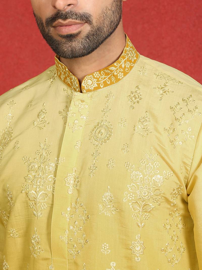 Cotton silk embroidered thread work yellow kurta with trouser