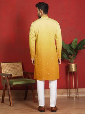 Cotton silk embroidered thread work yellow kurta with trouser 3