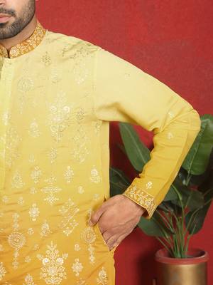 Cotton silk embroidered thread work yellow kurta with trouser 5