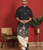 Cotton silk daman work embroidered black kurta with salwar