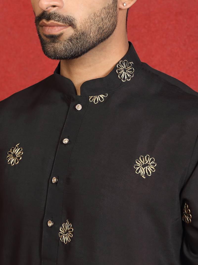 Cotton silk daman work embroidered black kurta with salwar