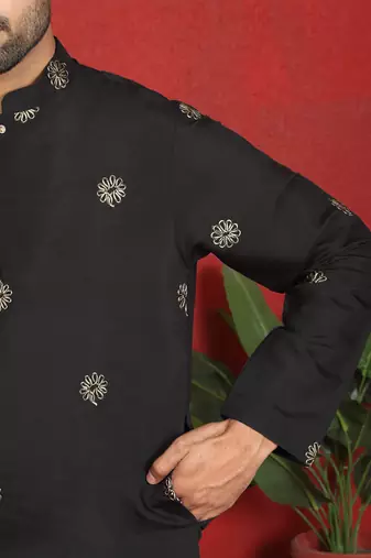 Cotton silk daman work embroidered black kurta with salwar