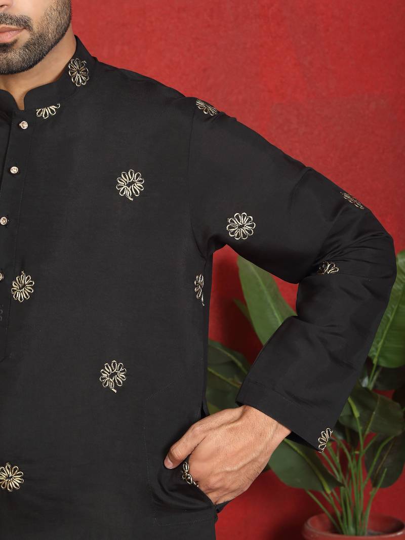 Cotton silk daman work embroidered black kurta with salwar