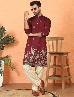 Cotton silk daman work embroidered maroon kurta with salwar 1