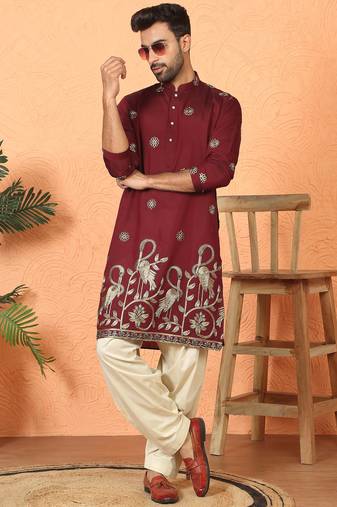 Cotton silk daman work embroidered maroon kurta with salwar