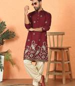 Cotton silk daman work embroidered maroon kurta with salwar