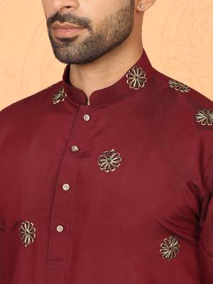 Cotton silk daman work embroidered maroon kurta with salwar 2