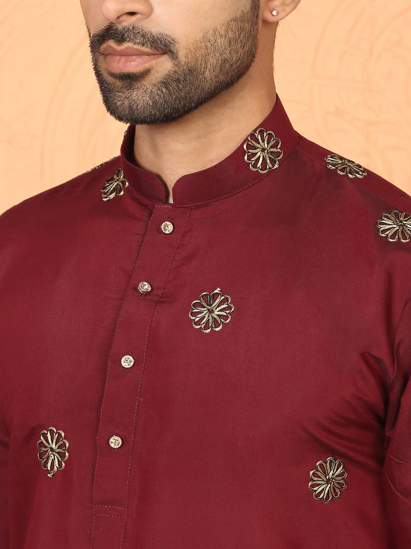 Cotton silk daman work embroidered maroon kurta with salwar