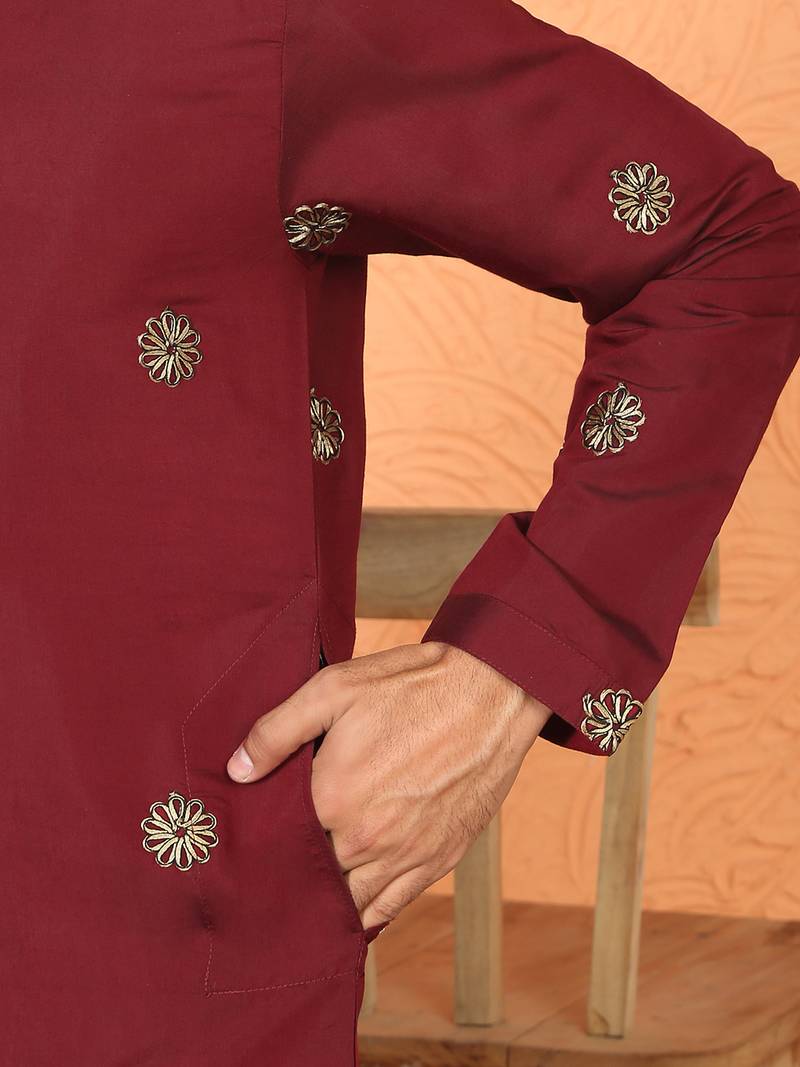 Cotton silk daman work embroidered maroon kurta with salwar